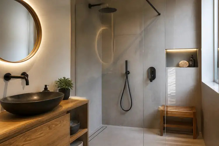 Styling inloopdouche teak